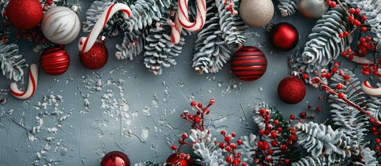 Poster - Christmas themed backdrop featuring a decorated tree branch adorned with handmade ornaments like felt candy canes and Christmas baubles in a copy space image