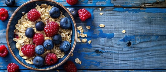 Poster - An artistic studio shot showcasing oats topped with fresh blueberries and raspberries on a rustic blue wooden background with copy space image