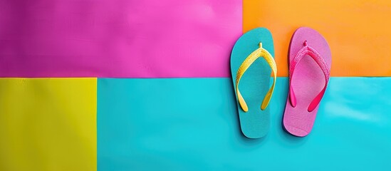 Aufkleber - Colorful flip flop sandals for a summer vacation displayed on a vibrant background with ample copy space for an image taken from above