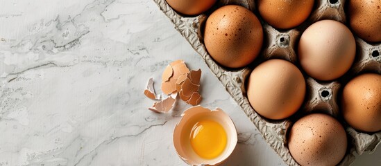Aufkleber - Top view of raw broken egg and hen eggs in an egg carton with copy space image