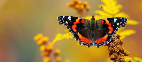Poster - Red Admiral butterfly Vanessa atalanta resting on goldenrod with copy space image available