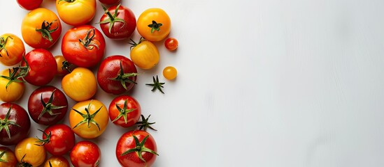 Poster - Fresh farm tomatoes in red yellow and other hues displayed in a top view flat lay on a white background with ample copy space image