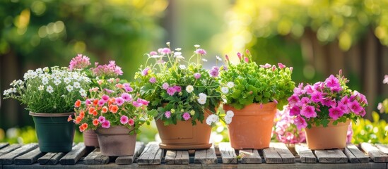 Poster - A variety of lovely blooming plants in flowerpots on a wooden bench outdoors with copy space image