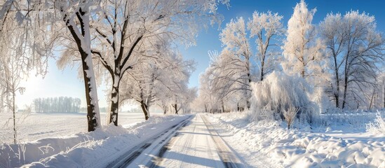 Poster - A snowy landscape with trees alongside a road offering a serene winter scene perfect for a copy space image