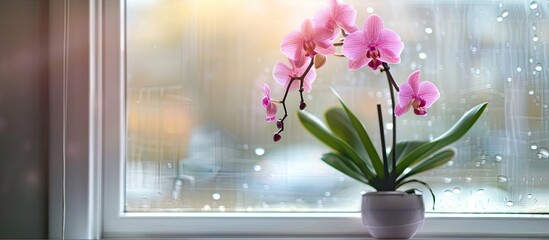 Poster - A gorgeous tropical orchid plant in a pot resting on a windowsill with room for a copy space image