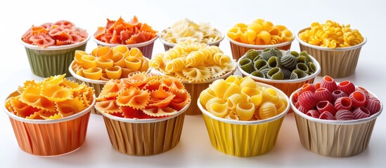 Aufkleber - A colorful assortment of pasta displayed in disposable kraft paper cups against a white backdrop providing ample copy space for text