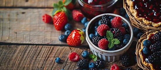 Poster - A vintage style home dessert featuring pies in a basket filled with jam berries and fruit with copy space for text and a selective focus on the image