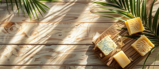 Poster - Handmade soap bars on a rustic wooden surface with soft shadows cast by palm leaves creating a serene setting for featuring spa products with ample copy space image