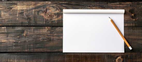 Poster - Stock photo featuring a white paper template pencil and divider on a dark wenge wooden backdrop symbolizing new ideas business plans and strategies with ample copy space image