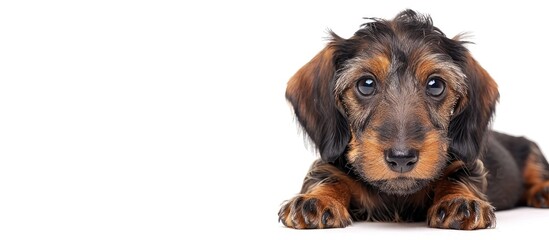 Wall Mural - Bi colored wire haired Dachshund puppy isolated on a white background with copy space image