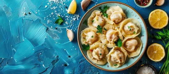 Aufkleber - Top view of traditional Russian dumplings and ravioli on a blue background with copy space image available