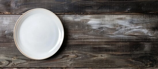 Aufkleber - White plate on a wooden surface with copy space image