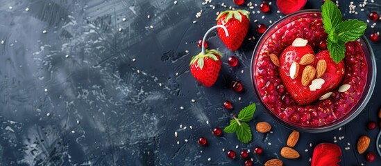 Wall Mural - Valentine s Day breakfast idea Chia pudding with red berry puree almonds and heart shaped strawberry Ample copy space for text