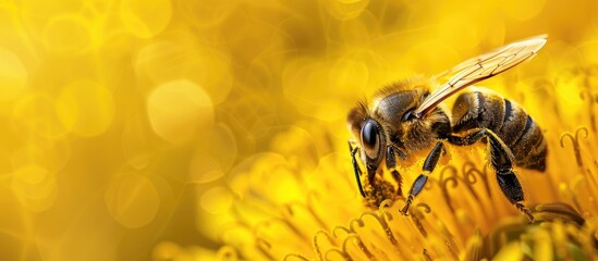 Poster - Close up of a bee on a vibrant yellow dandelion in a natural setting gathering pollen and nectar for honey production in the hive Macro copy space image