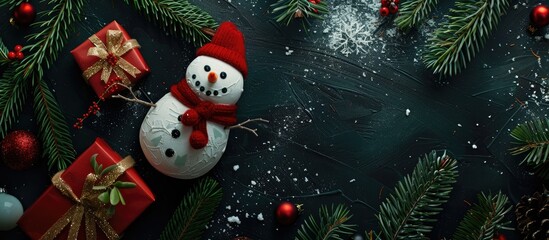 Poster - Top down view of a holiday present background for Christmas and New Year with a snowman fir branches and a dark backdrop ideal for greeting cards featuring ample copy space image