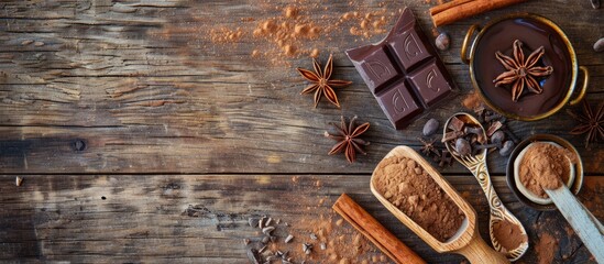 Fototapete - Wooden background with chocolate spices and a cocoa covered spoon Includes copy space image