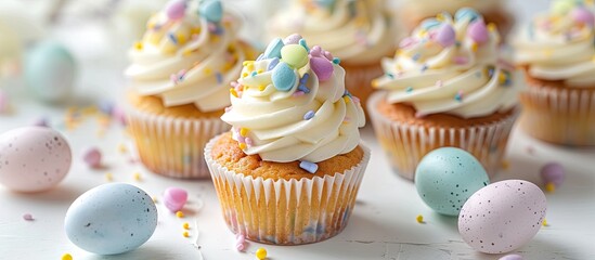 Poster - Easter themed cupcakes featured with selective focus on a horizontal white backdrop allowing space for additional image elements