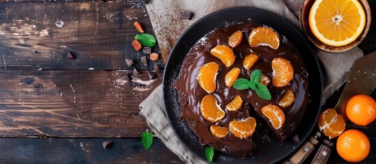 Fototapete - Creamy chocolate cake with profiterole and candied oranges seen from above A classic dessert with a traditional twist offering a blank space for additions in the image. with copy space image