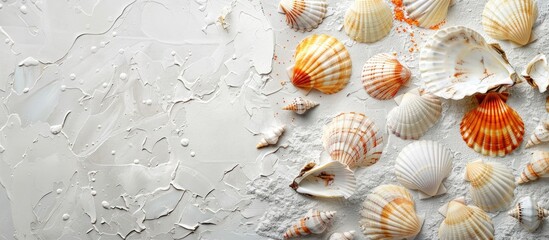 Wall Mural - White textured paper featuring light gray and orange seashells creates a natural background with ample copy space image