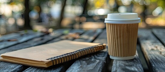 Aufkleber - Disposable cardboard cup with coffee on wooden bench beside an empty notebook ideal for outdoor study Takeaway coffee concept with a copy space image