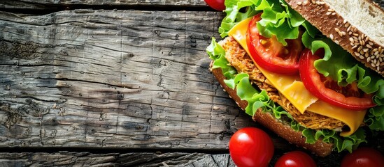 Poster - A sandwich with tomato lettuce and yellow cheese arranged on a wooden surface for a rustic look with copy space image