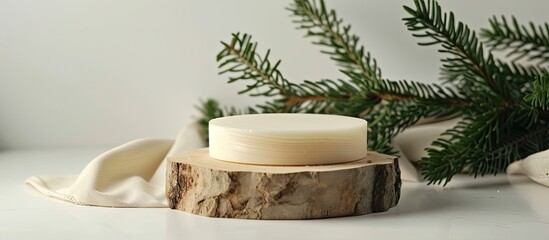 Poster - Mock up a wooden podium next to a spruce branch on a white backdrop ideal for eco friendly face and body care products with a copy space image available