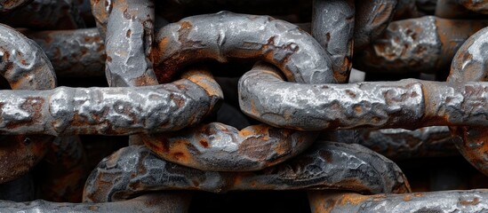 Poster - Steel chain links in various lengths have a random curly appearance in the copy space image