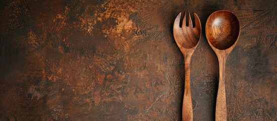 Leinwandbilder - Wooden spoon and fork placed on a brown textured background with ample copy space image in a top down view