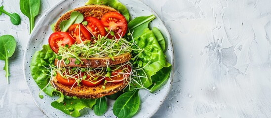 Fototapete - Healthy sandwich with gluten free bread tomato lettuce and sprouts on a plate on a white table with a copy space image