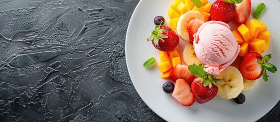 Aufkleber - A white plate with crape topped with assorted tropical fruit accompanied by strawberry ice cream all against a copy space image
