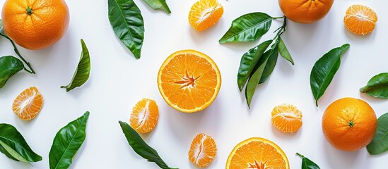 Wall Mural - Fresh orange with green leaves on white background portraying high vitamin C content juicy sweetness and offering a copy space image