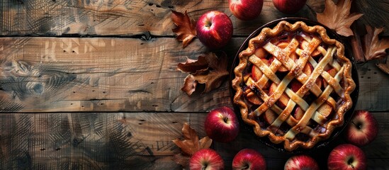 Poster - An image showing a classic autumn dessert of organic apple pie on a rustic wooden surface with space for text ideal for Thanksgiving. with copy space image. Place for adding text or design
