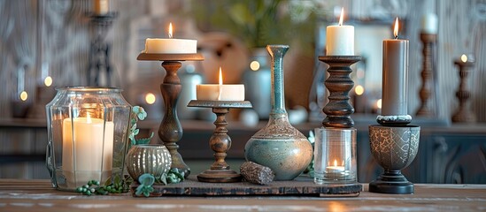 Aufkleber - Assorted vintage candle holders and various charming decor pieces for the home with a copy space image