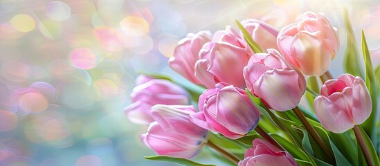 Poster - A bouquet of pink tulips set against a blurred nature background perfect for Valentine s Woman s and Mother s Day Ample copy space image inclusion