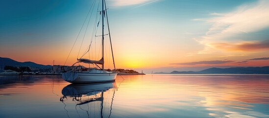 Poster - A sailboat at sunset in a harbor with a clear sky and empty space for text or images is depicted in the beautiful photo. with copy space image. Place for adding text or design