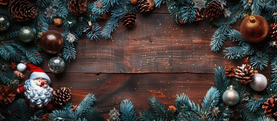 Horizontal banner featuring a Christmas border with pine branches adorned in blue and silver Santa Claus pine cones on a natural wood backdrop with copy space image