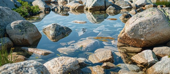Poster - Rocks made of granite scattered in the water creating a picturesque scene with copy space image
