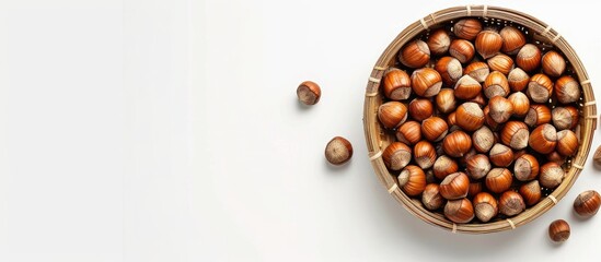 Leinwandbilder - Image of hazelnuts and shells in a bamboo bowl against a white backdrop featuring ample copy space