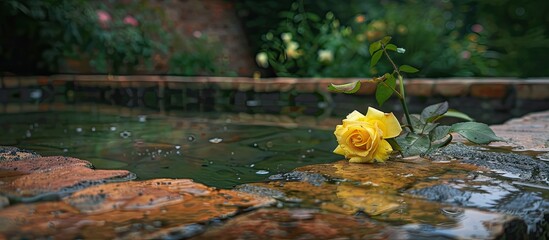 Poster - A yellow rose adorns the brick pond s edge enhancing the serene view in the copy space image