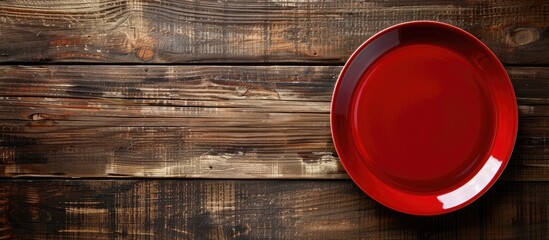 Wall Mural - View of a red plate on wood background with copy space image for design