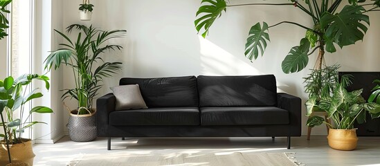 Aufkleber - Modern living room with black sofa and houseplants displayed with ample copy space image included