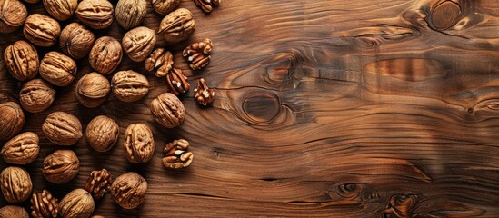 Aufkleber - Walnut kernels arranged on a wooden board with ample copy space image available