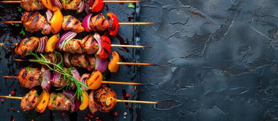 Wall Mural - Top view of a delicious chicken shish kebab with vegetables and grilled meat skewers on a barbecue food setting with a copy space image