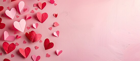 Wall Mural - Valentine s Day celebration depicted in a composition featuring paper hearts on a pink background with copy space image