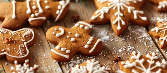 Aufkleber - Close up of various decorated gingerbread cookies on a wooden surface set against a festive Christmas or winter backdrop with copy space image