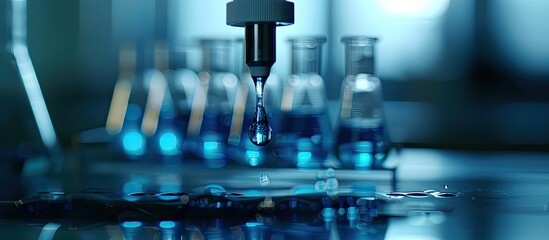 Aufkleber - Focused on a blue liquid drop dripped from a pipette into a test tube on a tripod depicting a chemical experiment in a lab setting with a copy space image