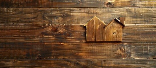 Poster - Top view of a wooden house model on a wooden backdrop with ample copy space image ideal for illustrating banking real estate investment financial and savings concepts