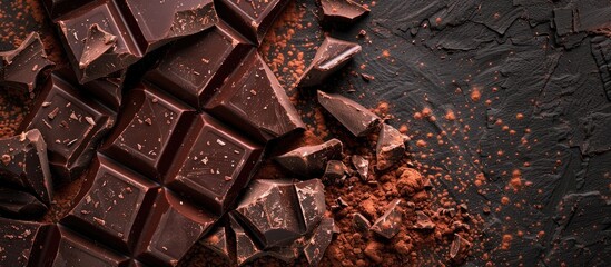 Fototapete - Dark background with broken chocolate pieces and cocoa powder creating a visually appealing copy space image