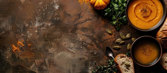 Aufkleber - Top down view of a rustic bread roasted pumpkin seeds and homemade pumpkin puree soup over a textured brown surface with a clear area for adding more details like a copy space image