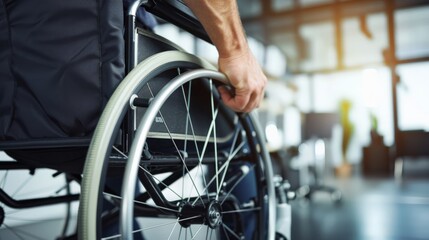 Aufkleber - Close-up of a hand gripping a wheelchair wheel in an office. Mobility and independence at work.